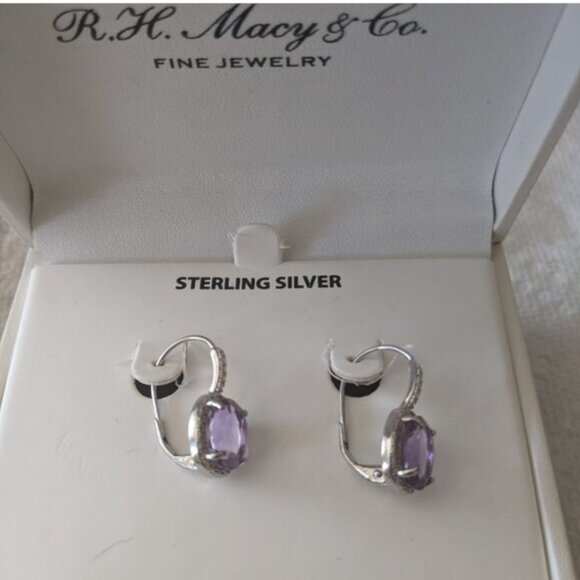 R.H. Macy fine jewelry amethyst diamond sterling silver earrings - Picture 2 of 3